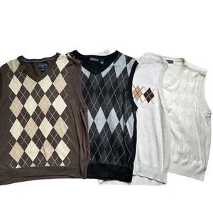 Saddlebred, lot of 4 size large sleeveless sweater vests, brown white argyle